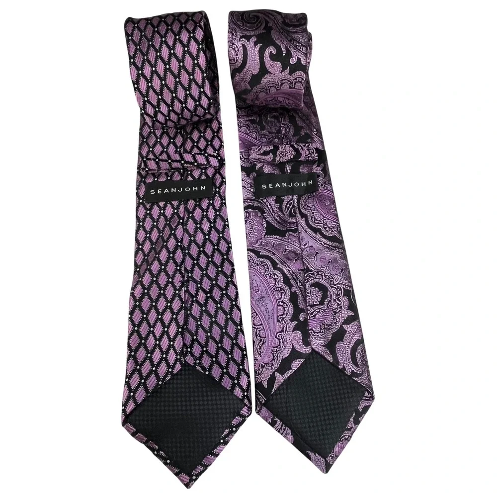 Sean John Purple Black Silk Tie‎ Bundle Paisley Geometric Workwear Preppy